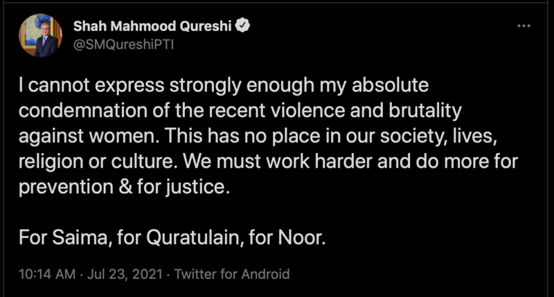 Twitter reacts to Qureshi's tweet condemning crimes against women