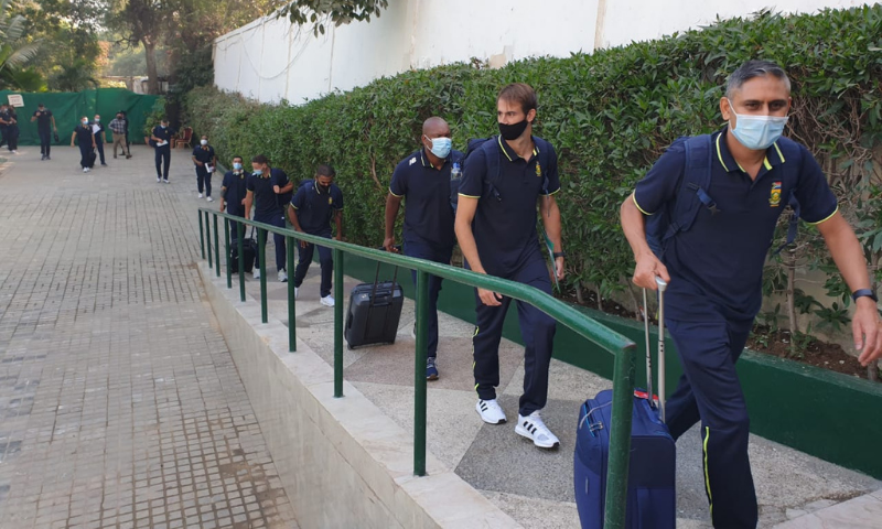 The South African cricket team arrives in Karachi on January 16, 2021. Photo courtesy: PCB