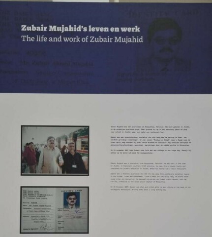  A banner containing information about Zubair Ahmed Mujahid featured at the press freedom exposition at The Hague. Photo: Jos Bartman/FPU