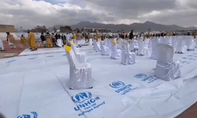 Tents for flood victims used as carpet at JUI-F event in Quetta