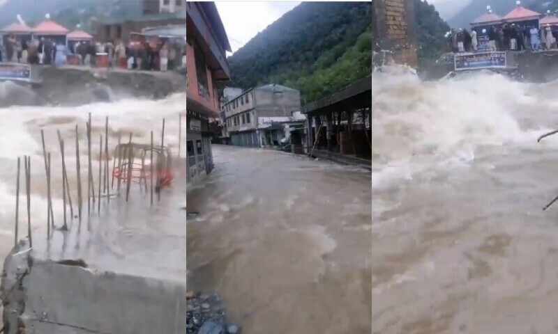 Bahrain Bazar flooded, road link cut as River Swat swells following rains