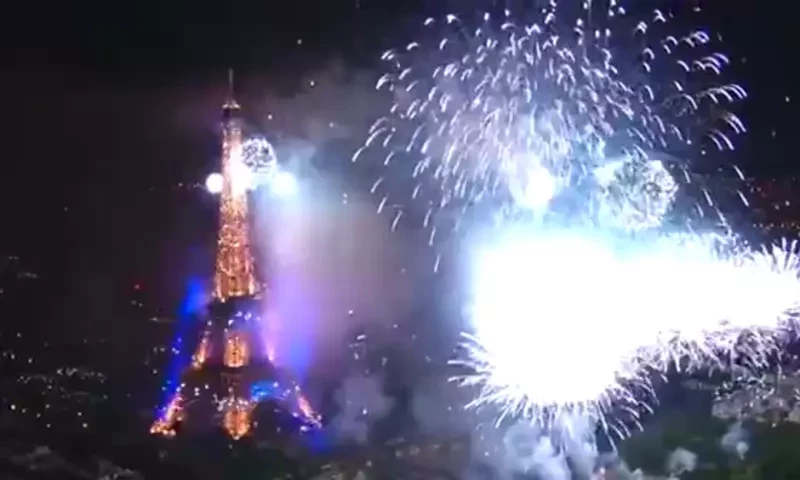 A show of fireworks over Eiffel Tower for France National Day
