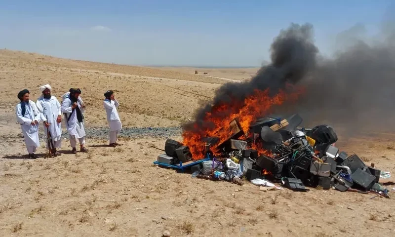 Taliban create bonfire of &lsquo;immoral&rsquo; music equipment