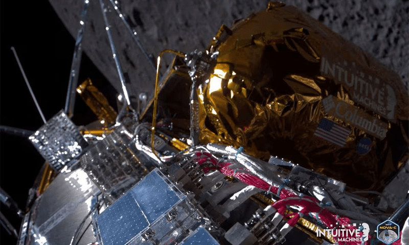 Moon lander Odysseus tipped sideways on lunar surface but &lsquo;alive and well&rsquo;