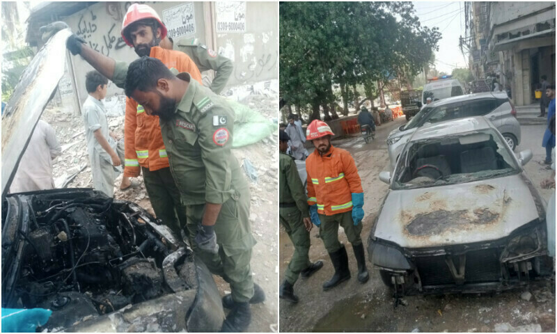 Car burnt to skeleton on Karachi&rsquo;s Sharae Faisal