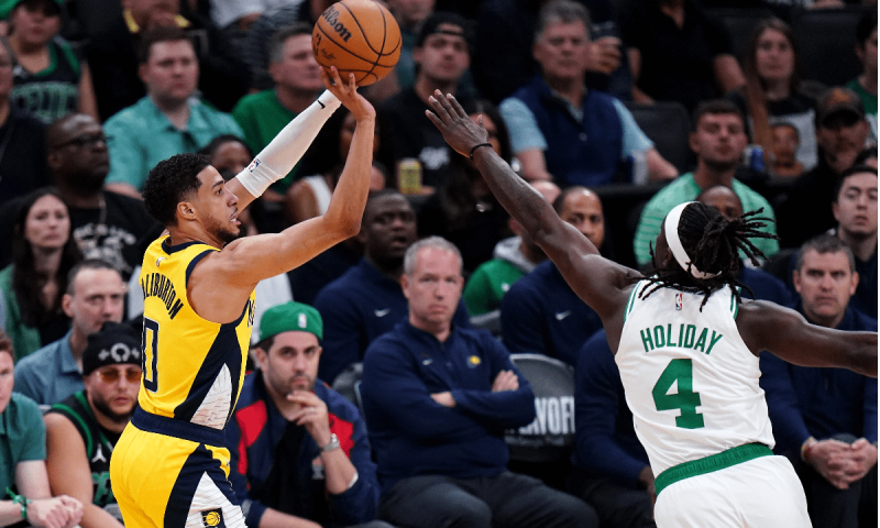 Tyrese Haliburton drills clutch half-court three to beat the buzzer against Celtics