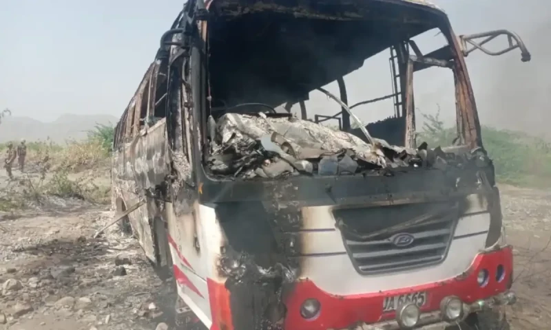 Bus attacked and burnt by terrorists in DI Khan