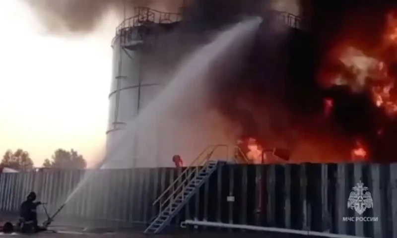 Fire at drone-hit Russian oil depot rages for second day, emergency services say