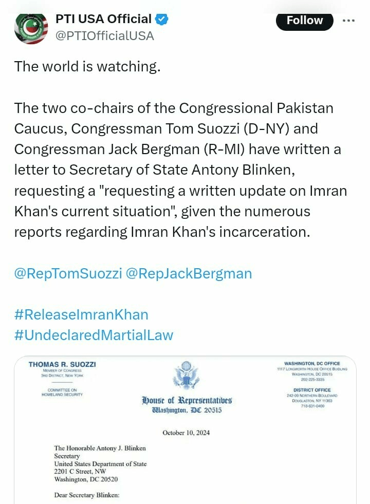 US Congress members wrote letter to Antony Blinken on Khan&rsquo;s imprisonment, claims PTI