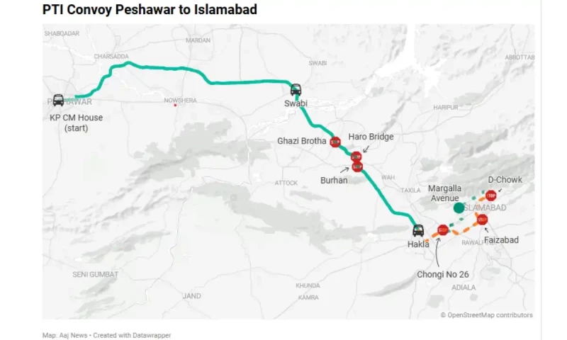 PTI convoy journey through map: two routes from Hakkla to D-Chowk
