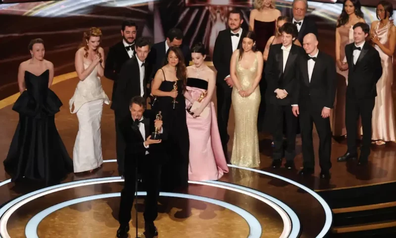 Director Sean Baker, producers Alex Coco and Samantha Quan and cast and crew members win the Oscar for Best Picture for “Anora”. Reuters