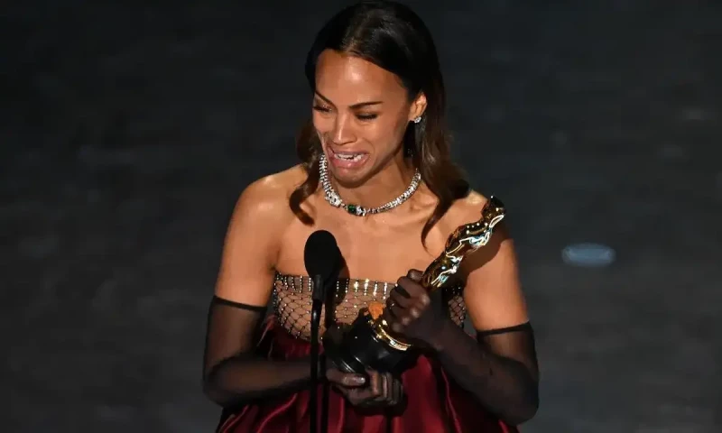 US actress Zoe Saldana accepts the award for Best Actress in a Supporting Role for “Emilia Perez” onstage during the 97th Annual Academy Awards at the Dolby Theatre in Hollywood, California on March 2, 2025. AFP