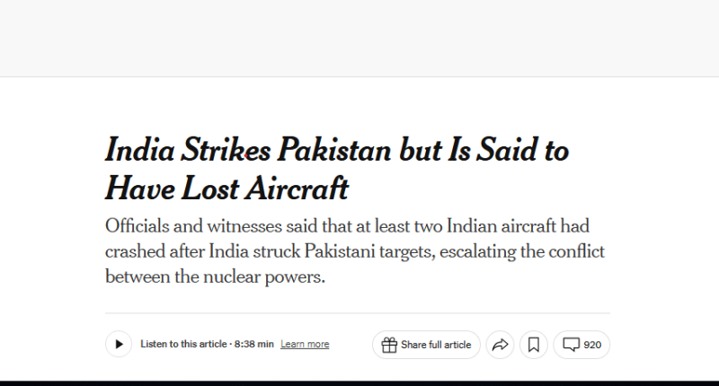 نیویارک ٹائمز کی شہ سرخی کا عکس