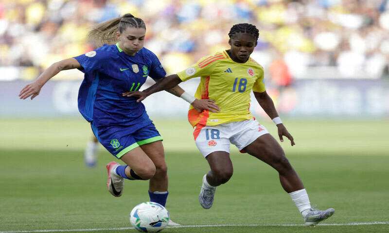 Colombia’s Linda Caicedo in action with Brazil’s Giovana during Women’s Copa America in Quito. – Reuters