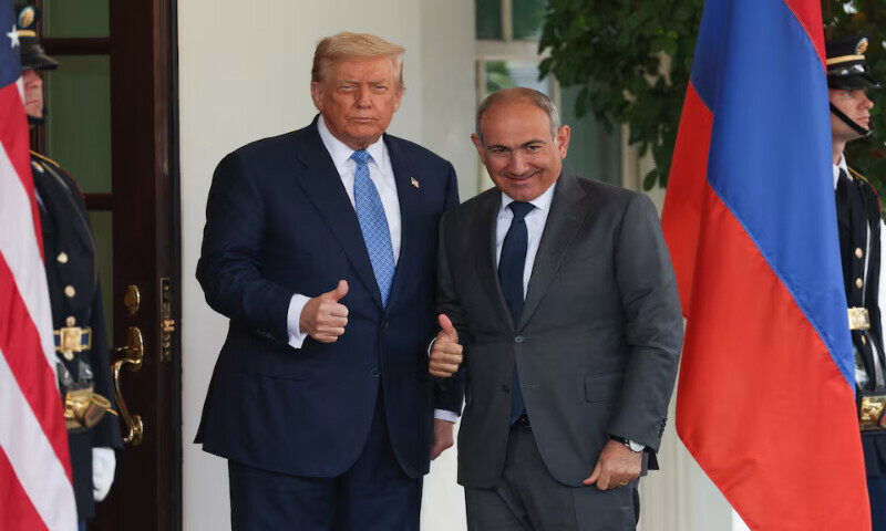 US President Donald Trump and Armenia’s Prime Minister Nikol Pashinyan gesture at the White House in Washington, DC. – Reuters