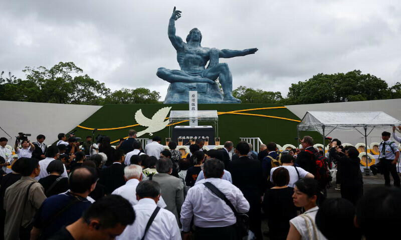 Attendees pray for the victims in front of the Nagasaki Peace Statue at a ceremony commemorating the 80th anniversary of the atomic bombing of Nagasaki at city’s Peace Park on Saturday. – Reuters