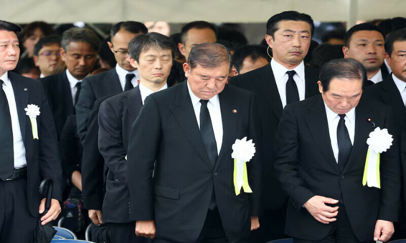 Japan’s Prime Minister Shigeru Ishiba pays tribute during a ceremony commemorating the 80th atomic anniversary of the bombing of  Nagasaki at city’s Peace Park in Nagasaki on Saturday. – Reuters