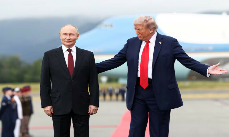 US President Donald Trump stands with Russian President Vladimir Putin at Joint Base Elmendorf-Richardson in Anchorage, Alaska, US. – Reuters