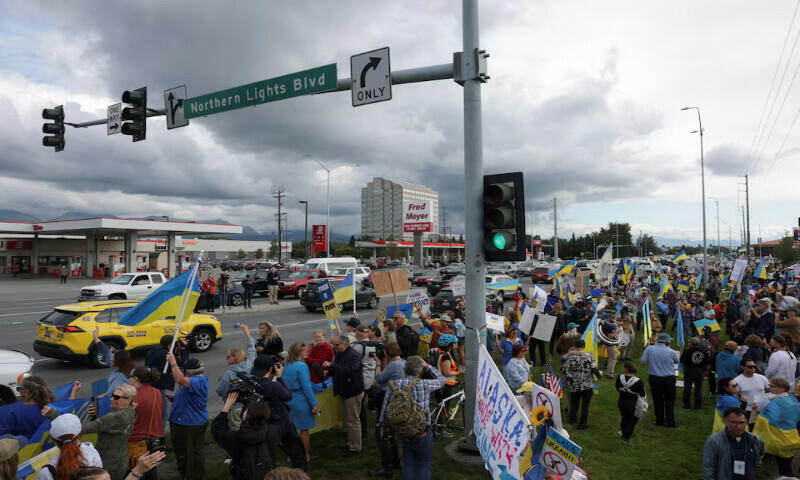Pro-Ukraine supporters take part in the “Alaska Stands with Ukraine” rally near Seward Highway in Anchorage, Alaska, US. – Reuters