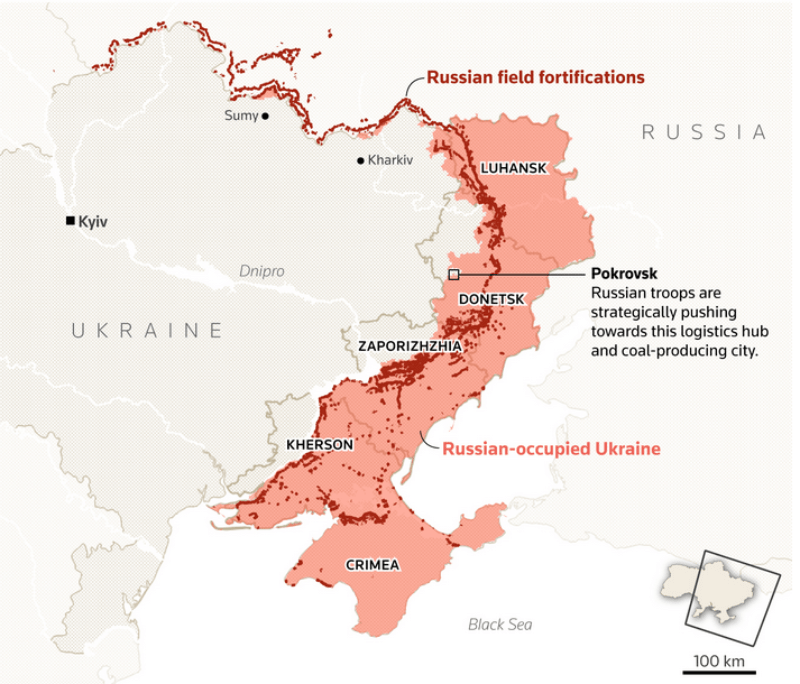 Note: Area of control includes assessed and claimed Russian-occupied territory as of August 13, 2025.
Source: Institute for the Study of War and AEI Critical Threats Project; Russian Fortifications, Brady Africk. Prasanta Kumar Dutta. August 15, 2025. Reuters
Graphic: Map of Ukraine shows the eastern oblasts and the areas under Russian control