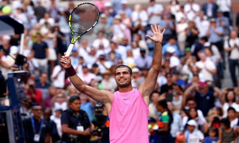 Carlos Alcaraz celebrates winning his fourth-round match against France’s Arthur Rinderknech at the US Open in New York. – Reuters