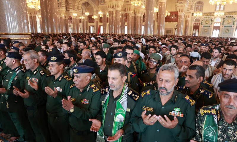 Officials recite prayers during the funeral procession of Houthi government officials killed in an Israeli strike, in Sanaa, Yemen, September 1, 2025. REUTERS