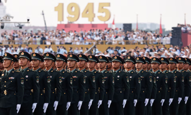 Soldiers of the Chinese People’s Liberation Army (PLA) stand during the rehearsal ahead of a military parade to mark the 80th anniversary of the end of World War Two, in Beijing, China, on Wednesday. – Reuters