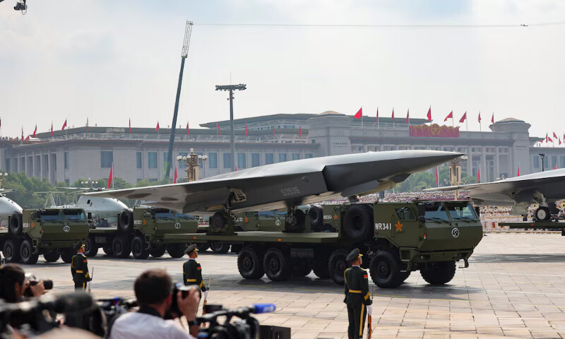 Members of the People’s Liberation Army stand as the unmanned operations group display drones during a military parade to mark the 80th anniversary of the end of World War Two, in Beijing, China, on Wednesday. –Reuters
