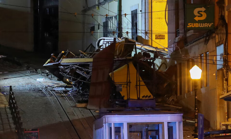 The wreckage of the Lisbon’s Gloria funicular railway car in Lisbon, Portugal. – Reuters