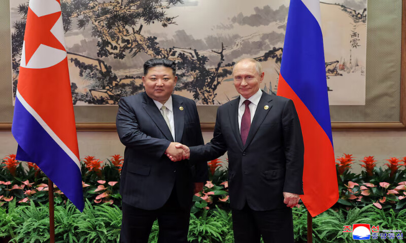 North Korean leader Kim Jong Un shakes hands with Russian President Vladimir Putin as they attend a ceremony to mark the 80th anniversary of the end of World War Two in Beijing, China. – Reuters