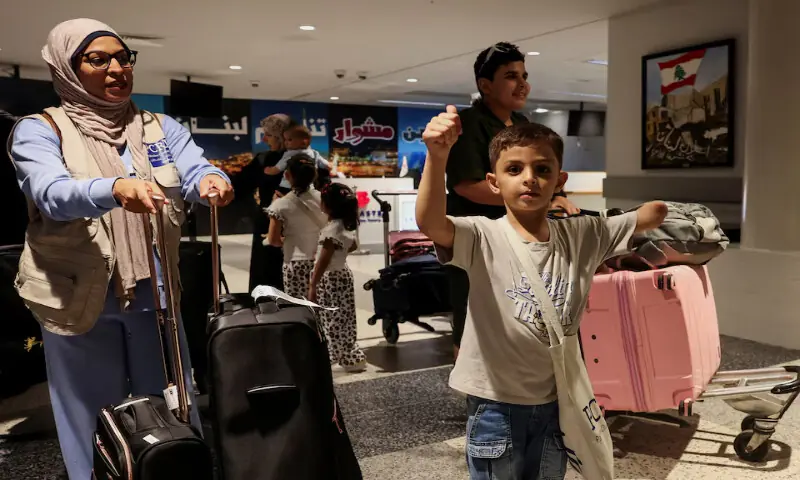 A child who lost an arm in an Israeli attack, gestures as six Gazan families with wounded children arrive at Beirut-Rafic Hariri International Airport for medical treatment in Beirut, Lebanon. – Reuters