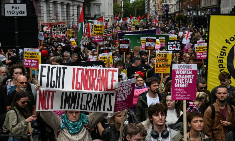 Members of the campaign group, Stand Up to Racism, demonstrate in London, Britain. – Reuters