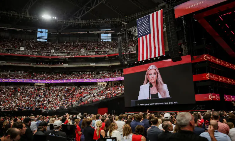 Attendees listen as Erika Kirk, Charlie Kirk’s widow, speaks onstage during a memorial service for Charlie Kirk at State Farm Stadium in Glendale, Arizona, US. – Reuters