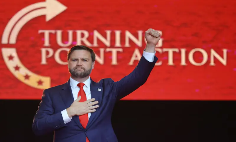 US Vice President JD Vance pumps a fist after speaking during a memorial service for Charlie Kirk at State Farm Stadium, Arizona, US. – Reuters