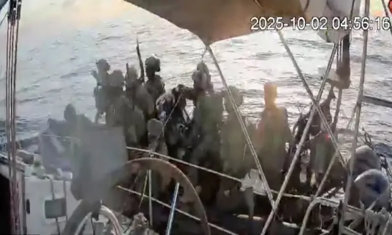 A screengrab shows Israeli soldiers surrounding the Gaza-bound vessel All In on Thursday. – Reuters