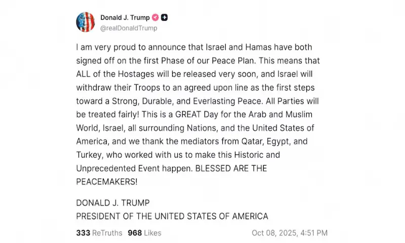 A screen grab of a post by US President Donald Trump on his Truth Social account, announcing that Israel and Hamas have signed off on the first phase of the US-proposed Gaza deal. – Reuters