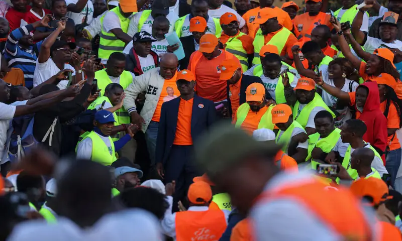 Cameroon’s opposition presidential candidate Cabral Libii arrives to attend a campaign rally in the Anguissa neighbourhood of Yaounde, Cameroon. – Reuters