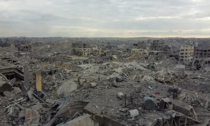 A drone view shows the destruction in a residential neighbourhood following the withdrawal of the Israeli forces in Gaza City. – Reuters