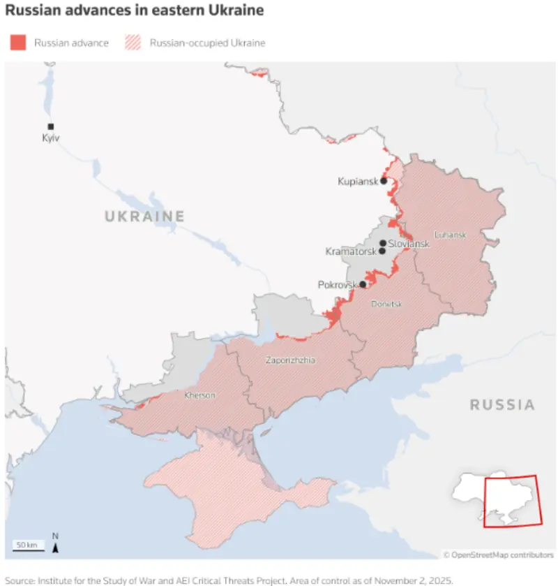 A map of Russian-occupied areas in eastern Ukraine as of November 2, 2025.