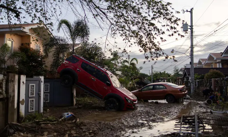 Cars swept away by floods brought by Typhoon Kalmaegi are left on a street in Cotcot, Liloan, Philippines, on Wednesday. – Reuters