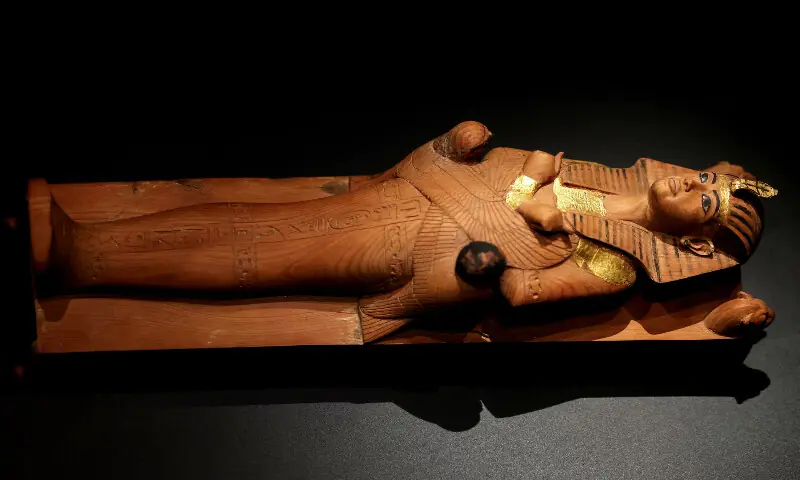 The coffin of the Egyptian king Tutankhamun is on display in his gallery. – Reuters