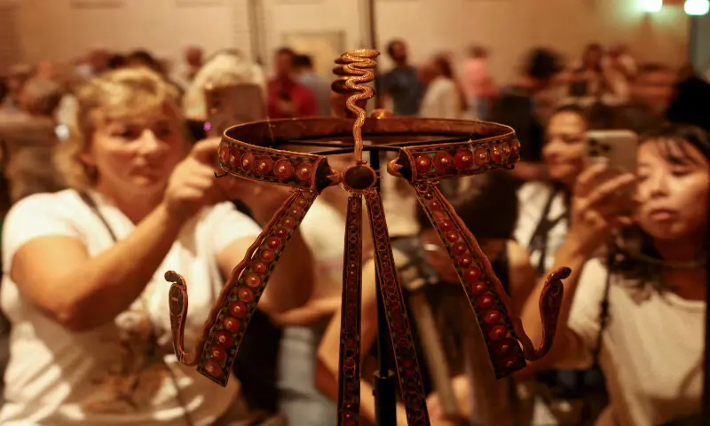 Jewellery from the collection of the Egyptian king Tutankhamun is displayed. – Reuters