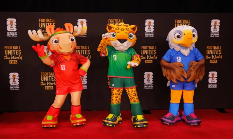 The FIFA World Cup 2026 mascots, Maple the Moose of Canada, Zayu the Jaguar of Mexico and Clutch the Bald Eagle of the US arrive on the red carpet ahead of the FIFA World Cup 2026 Draw. Reuters