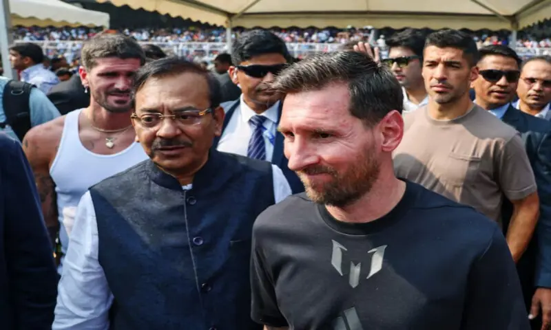 Argentine soccer star Lionel Messi, with his Inter Miami teammates Rodrigo De Paul and Luis Suarez, at the stadium during his tour of India on December 13, 2025. Reuters