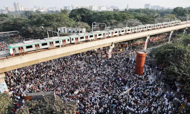 Supporters block the Shahbagh Square as they protest, demanding justice for the death of Sharif Osman Hadi, a student leader who had been undergoing treatment in Singapore after being shot in the head, in Dhaka, Bangladesh, on December 19, 2025. Reuters