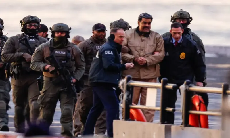 Captured Venezuelan President Nicolas Maduro arrives at the Downtown Manhattan Heliport, as he heads towards the Daniel Patrick Manhattan United States Courthouse for an initial appearance to face U.S. federal charges including narco-terrorism, conspiracy, drug trafficking, money laundering and others in New York City, U.S., on January 5, 2026. Reuters