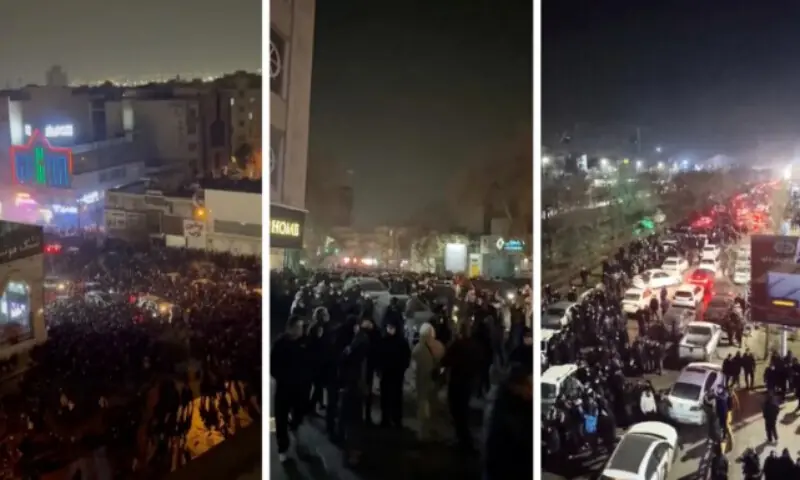People gather on the streets during a protest in Mashhad, Razavi Khorasan Province, Iran, in this screengrab obtained from a social media video released on January 8, 2026. Social media/via Reuters