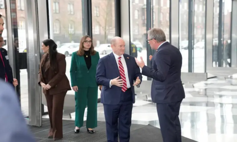 U.S. Rep. Sara Jacobs (D-CA), U.S. Representative Sarah McBride (D-DE) and U.S. Senator Chris Coons (D-DE) is recieved by Danish Industry&rsquo;s CEO Lars Sandahl Soerensen, as an American delegation, consisting of senators and members of the House of Representatives, visits the Industriens Hus, in Copenhagen, Denmark, on January 16, 2026. Reuters