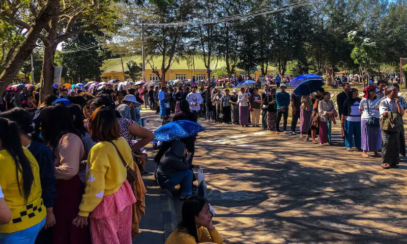 People queue to cast their votes at a polling station during Myanmar&rsquo;s general election in Naypyitaw, Myanmar. &ndash; Reuters
