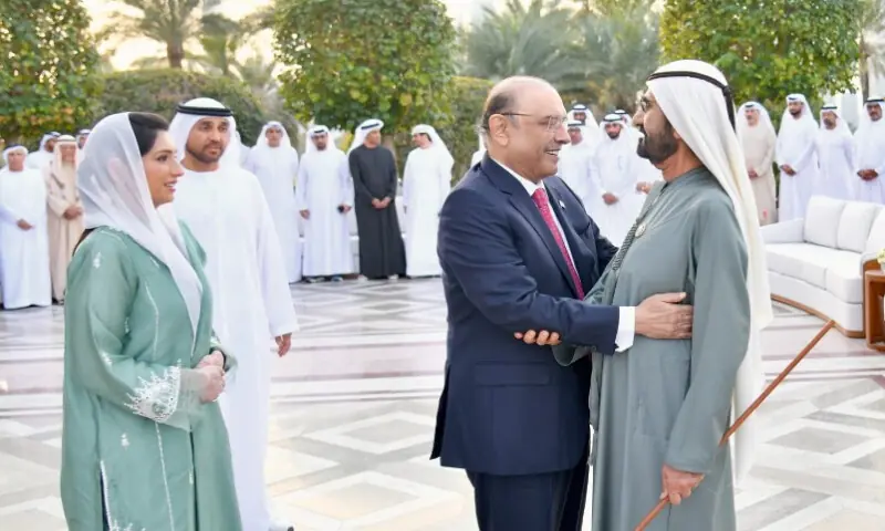 President Asif Ali Zardari, UAE Vice President and Prime Minister and the Ruler of Dubai Sheikh Mohammed bin Rashid Al Maktoum and First Lady Bibi Aseefa Bhutto Zardari during a meeting at Zabeel Palace in Dubai. APP